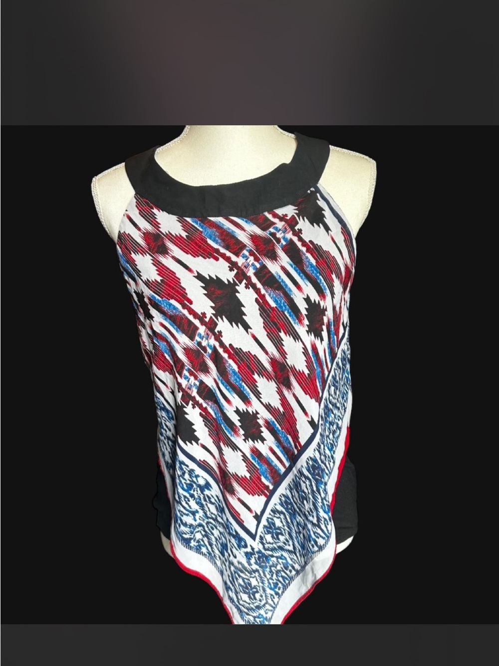 Sleeveless Printed Handkerchief Hem Top - Black, Red & Blue
